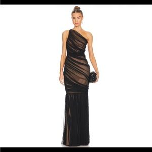 NORMA KAMALI Diana One Shoulder Fishtail Gown, Black Mesh & Nude, XS Maxi Dress
